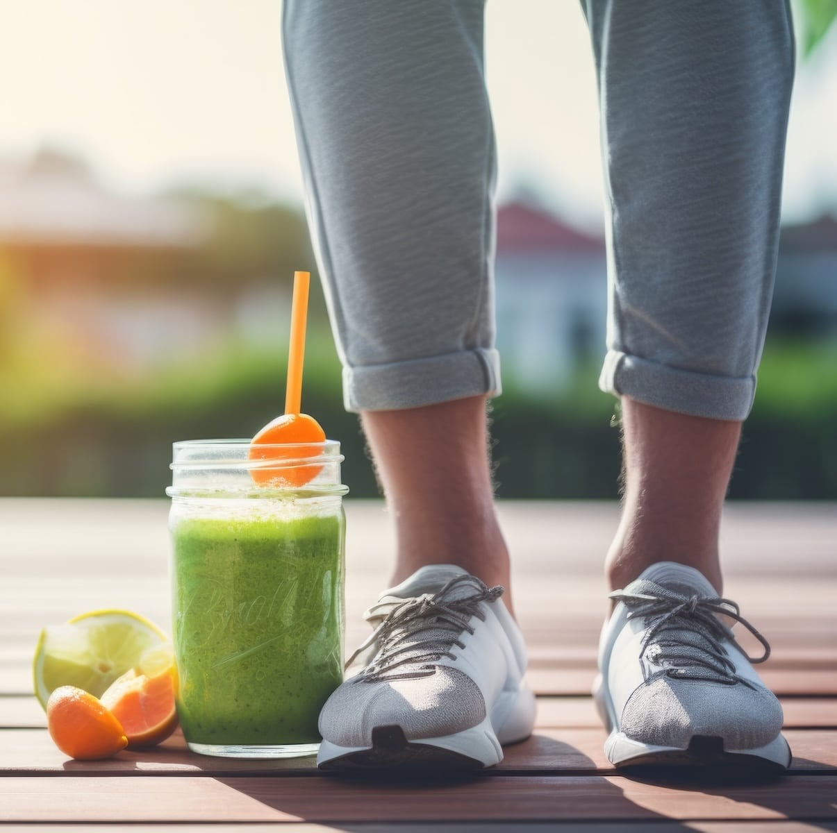 Person in athletic wear with a bright green smoothie and a sneaker